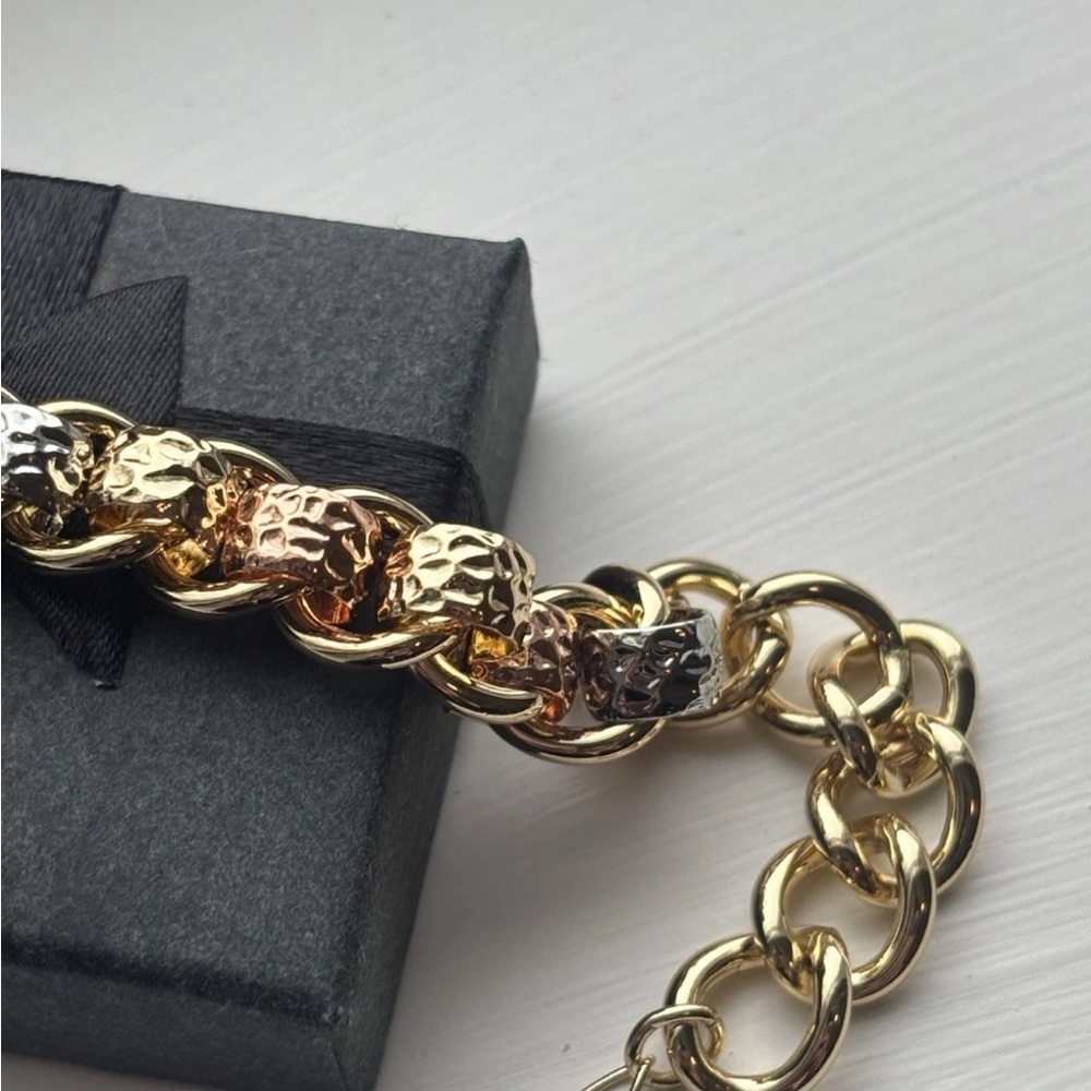 Gold Plated Chunky Chain Bracelet Mixed Metal Textured Links Statement Toggle - Picture 8 of 10
